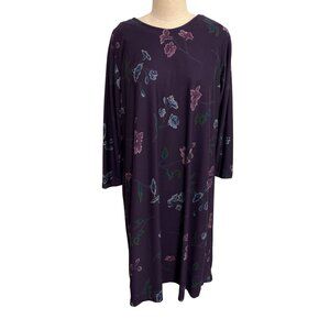 Vintage Purple Floral Print Tunic Dress 3/4 Sleeves Soft Fabric Relaxed Fit Fund